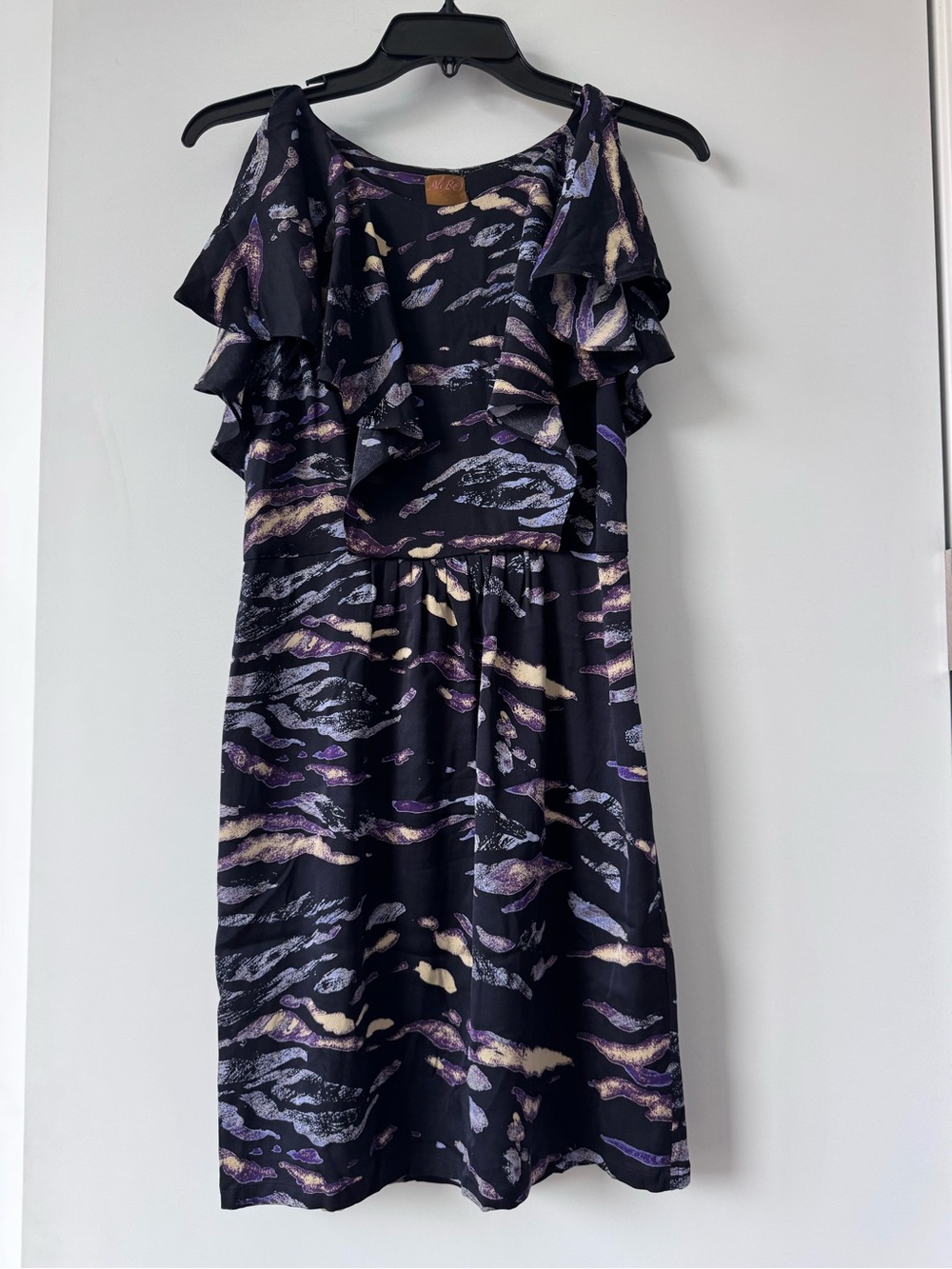Ali Ro Black Midi Dress with Purple and Cream Abstract Print